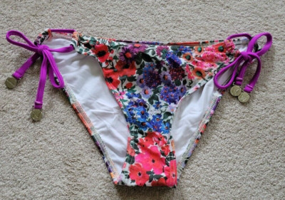 NWOT MinkPink Floral Print with Loop Tie Side Bikini Swim Bottoms Sz Small