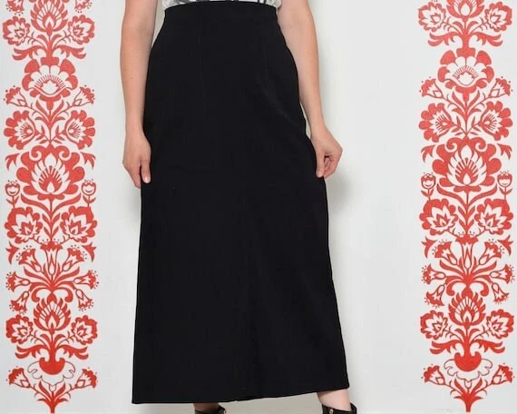 High Back Slit Black Minimalist Maxi Skirt with Pockets Large Size 10