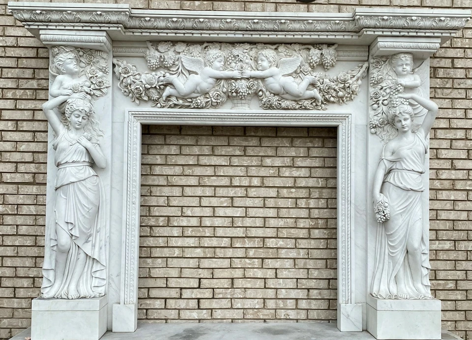 华丽大号手工雕刻意大利大理石壁炉地幔小天使 — 第 3/4 张图片