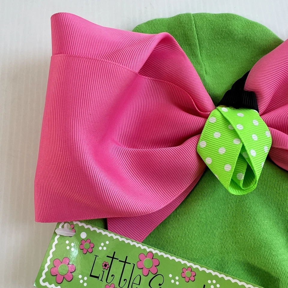 NEW Mud Pie Baby Girl Giant Bow Hat  6-18 Months Lime Green Pink Beanie - Image 2 of 4
