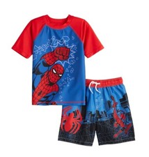 Spiderman Swimsuit Boys Size 6 7 8 Swim Trunks Rash Guard Shirt Shorts Set NWT
