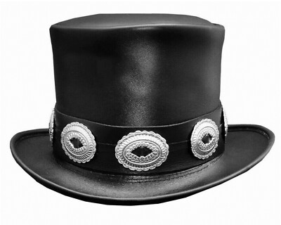 Leather Top Hat - Rocker Style Conchos Band - Black Color - Handmade ...