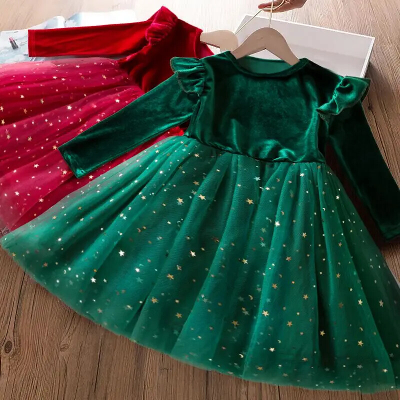 christmas dress for 8 year old New Dresses for Girls Star Mesh Princess Dress Red Christmas Kids Girls 3-8  Yrs