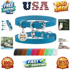 Leather Cat Collar with Removable Bells Non Breakaway Kitten QR Tag for Girl ...