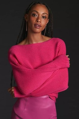By Anthropologie Fuchsia Pink The Kendall Mock-Neck Sweater Ribbed New With Tags