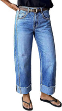 Mid Rise Straight Leg Jeans for Women Wash Seam Front Roll Raw Hem Denim Pants w