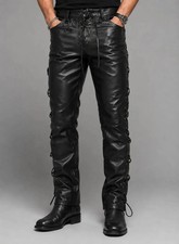 Handmade Men s Black Real Cowhide Leather Biker Pants Side Lace-Up Motorcycle