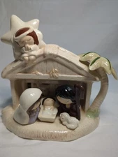 Mini Ceramic Manger Nativity Scene Baby Jesus Mary Joseph Angel Lamb Cow Palm