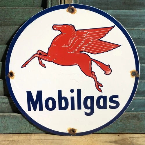 VINTAGE MOBILGAS GASOLINE MOTOR OIL PORCELAIN ENAMEL GAS PUMP ADVERTISE SIGN