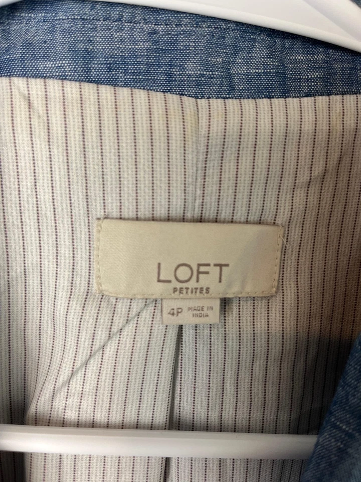 Blazer LOFT Mujer 4P Azul Lino Algodón Cambray Un Botón Muesca Solapa Pequeño Foto 2 de 4