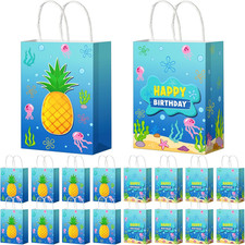 16 Pcs Ocean Pineapple Birthday Paper Gift Bags Party Decorations, Blue Ocean Je