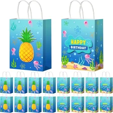 16 Pcs Ocean Pineapple Birthday Paper Gift Bags Party Decorations, Blue Ocean Je