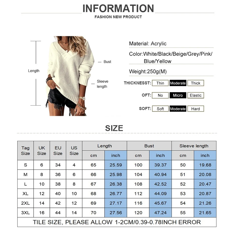 Womens Knitted Sweater V Neck Baggy Jumper Winter Long Sleeve Pullover Tops Size - Image 2 of 4