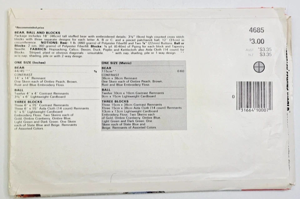 VTG 80s Butterick Sew Pattern 4685 Stuffed Bear 18" , Blocks, & Ball UNCUT - Image 2 of 3