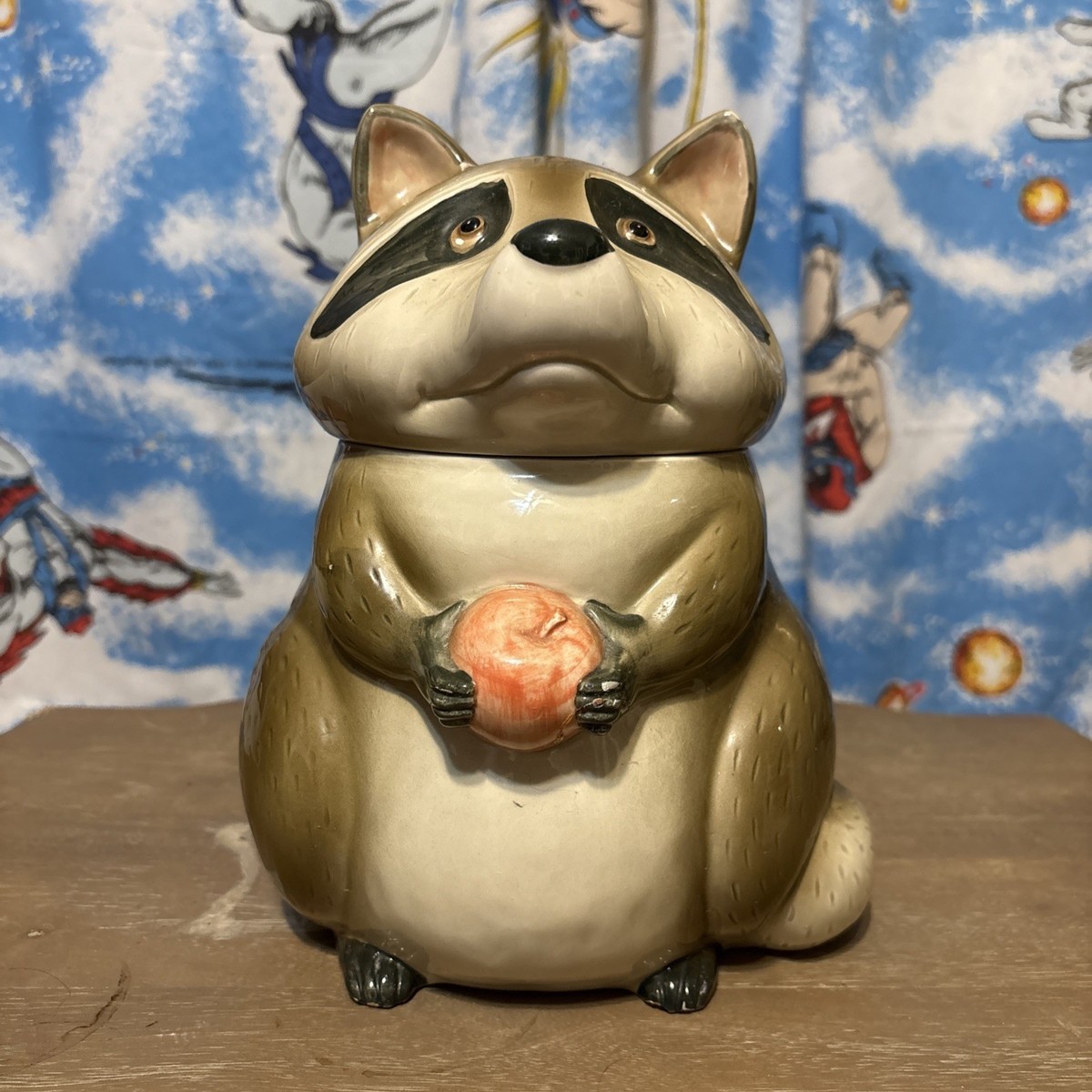 1979 Fitz & Floyd Apple Raccoon Cookie Jar Ceramic Stoneware Large