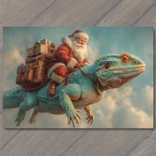 POSTCARD Santa Riding Giant Lizard Sky Christmas Fantasy Reptile Adventure