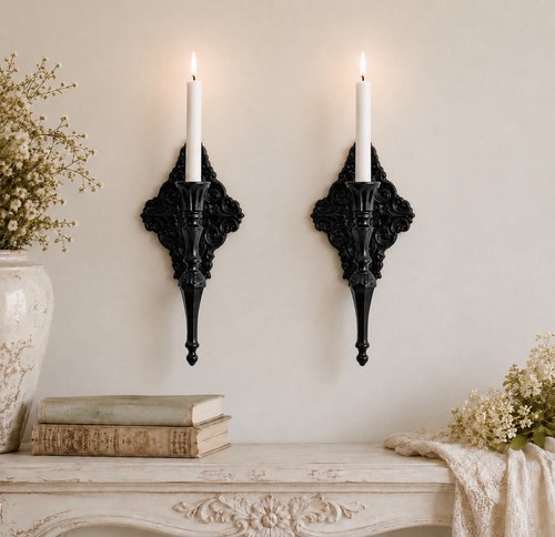 Antique Black Ornate Iron Wall Mounted Candle Sconces Metal Candle Holders Pair