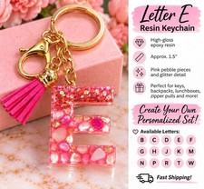 Letter E Resin Keychain Pink Rose Gold Pebble Glitter Tassel Initial Dangle