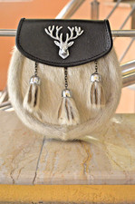 Scottish Handmade Stag Head Sporran Antique Leather White Fur 3 Tassels Sporran