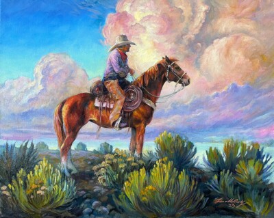 Original Oil painting Cowboy Sorrel Horse Maggiori clouds Sage