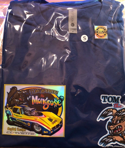 NEW! Tom "THE MONGOOSE" McEwen 1977 English Leather CORVETTE SMALL BLUE T-Shirt - Picture 4 of 8