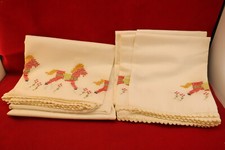 Vintage Hand Embroidered Stitched Red Horses Baby Crib Sheets Pair Of 2
