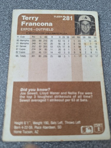 1982 Fleer - Terry Francona #188 (RC) j217 - Picture 2 of 2