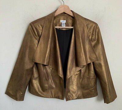 Cache Crop Jacket Bronze Metallic Tiered Collar 3/4 Sleeve Open Front Lined Sz S