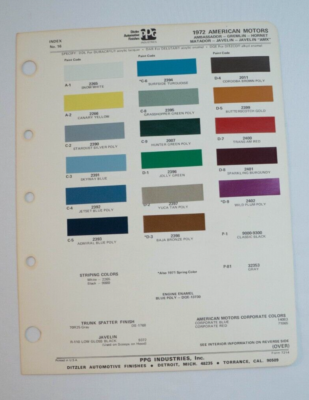 1972 AMC PPG Color Paint Chip Chart/Codes & 1972 Model Catalog
