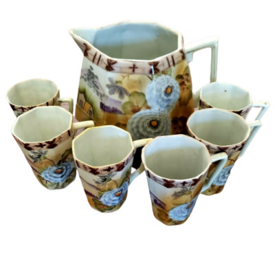 Antique Nippon Lemonade Cider Set Pitcher 6 Cups Te-Oh China Hand Painted