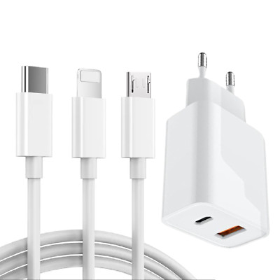 Ladekabel für iPhone Samsung Huawei Ladegerät USB-C Micro-USB 20W Dual-USB weiß