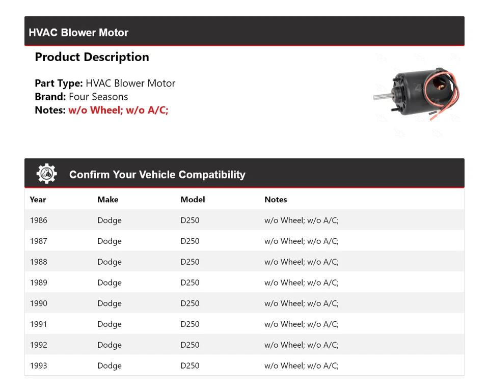 Para Dodge D250 1986-1993 HVAC motor soplador 4 estaciones 1987 1988 1989 1990 1991 Foto 2 de 4