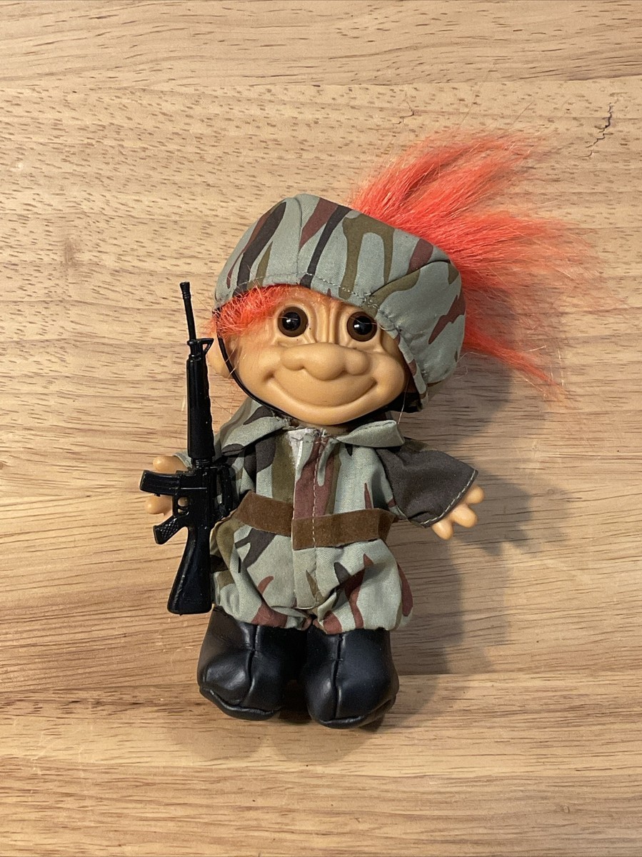 Vintage Russ - Army Troll Doll Military w/Helmet & Rifle Orange