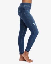 SPANX, Blue Distressed Denim Pull On Fray Hem Legging Jeans, Size XS