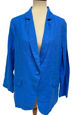 H Halston Damen 100% Leinen Blazer Königsblau One Knopfverschluss Kragen Größe L