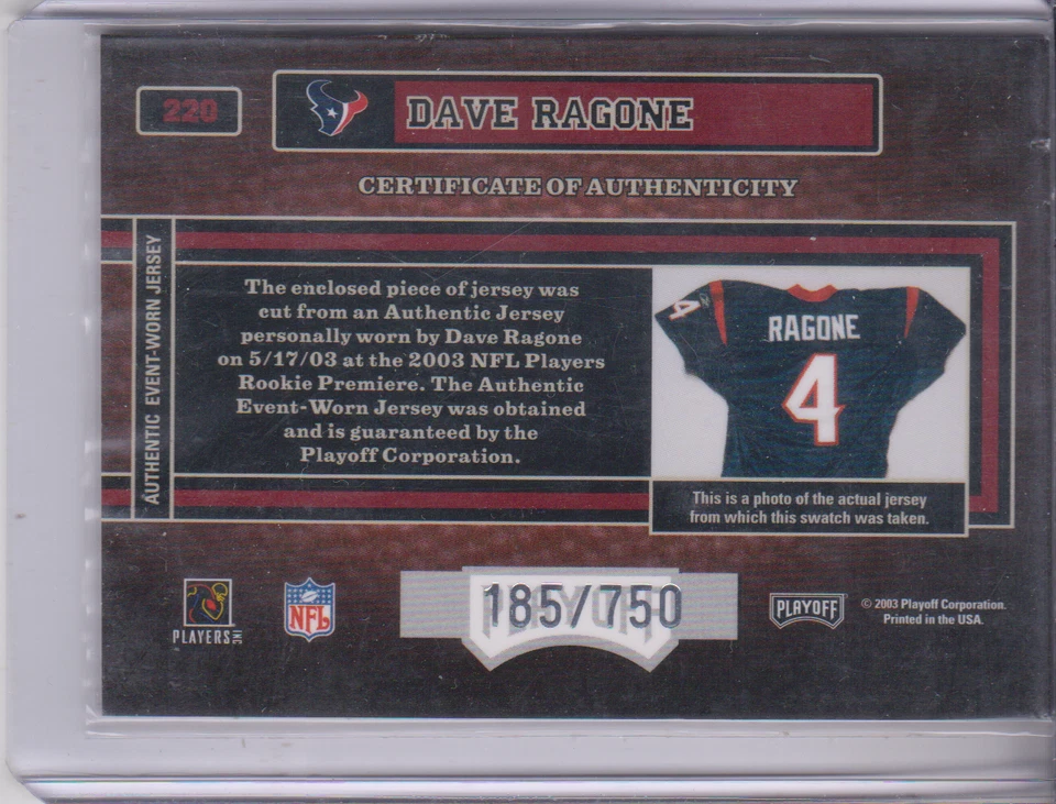 2003 Hogg Heaven Dave Ragone Rookie Premier Hoggs jersey 185/750 Houston Texans - Image 2 of 2