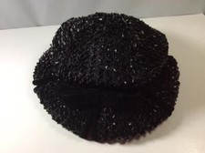 Vtg 1950's Black Woven Plastic Velvet Trim Hat Split Brim Size 6-6.5