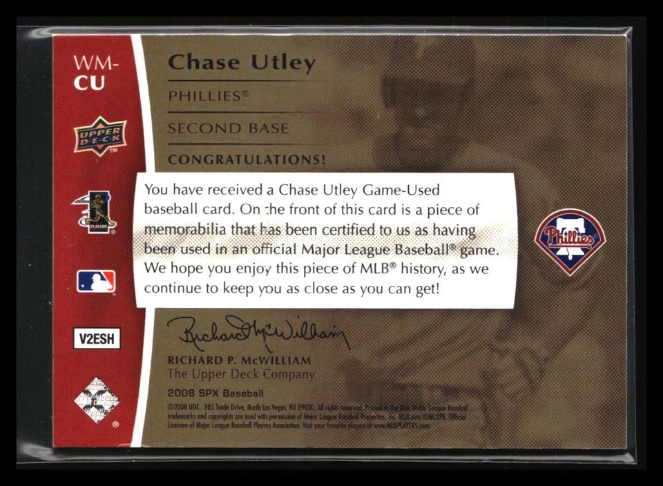 2008 SPx #WM-CU Chase Utley Winning Materials SPx - 150 #/150 - Image 2 of 2