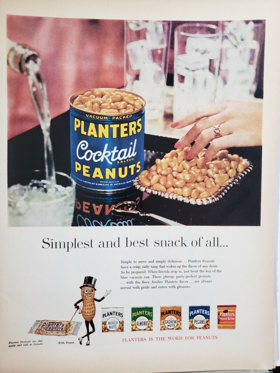 3 Vintage 1960 Planters Peanuts Print Ads Ephemera Wall Art Decor