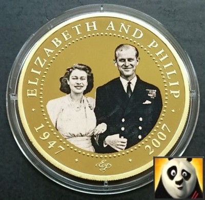 2007 COOK ISLANDS 1 $ ELIZABETH & DUKE PHILIP 24K GOLD PLATED PROOFLIKE PHOTO