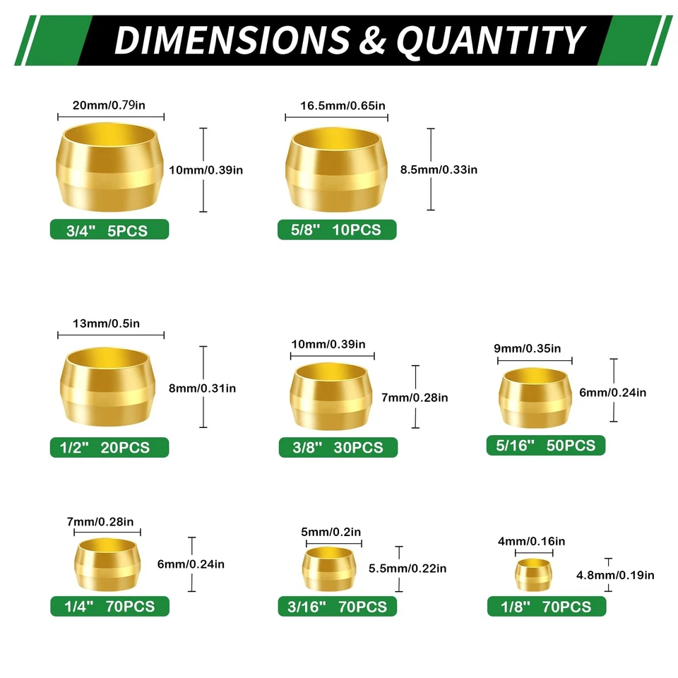 325pcs Brass Compression Sleeves Ferrules Fittings Assortment Kit, 3/4" 5/8" ... - Image 2 of 4