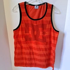 DC Men's Tank Top  Orange Stripe Round Neck Sleeveless Graphic Logo Size L