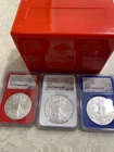 2021 $1 American Silver Eagle Red, White , Blue NGC MS70 FDOI Set w/ Box