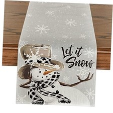 Grey Snowman Snowflake Let it Snow Christmas Table Runner, 13" x 48" Silver