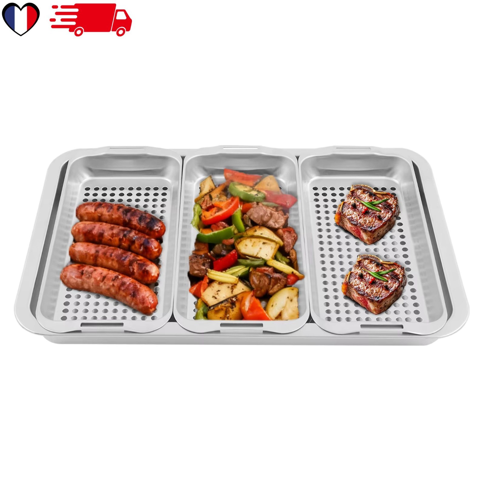 Plateau barbecue inox avec 3 paniers de cuisson rectangulaires en acier inoxydable