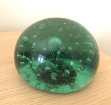 Antique 19th C Green Glass Dump Paperweight Bubbles 1312g