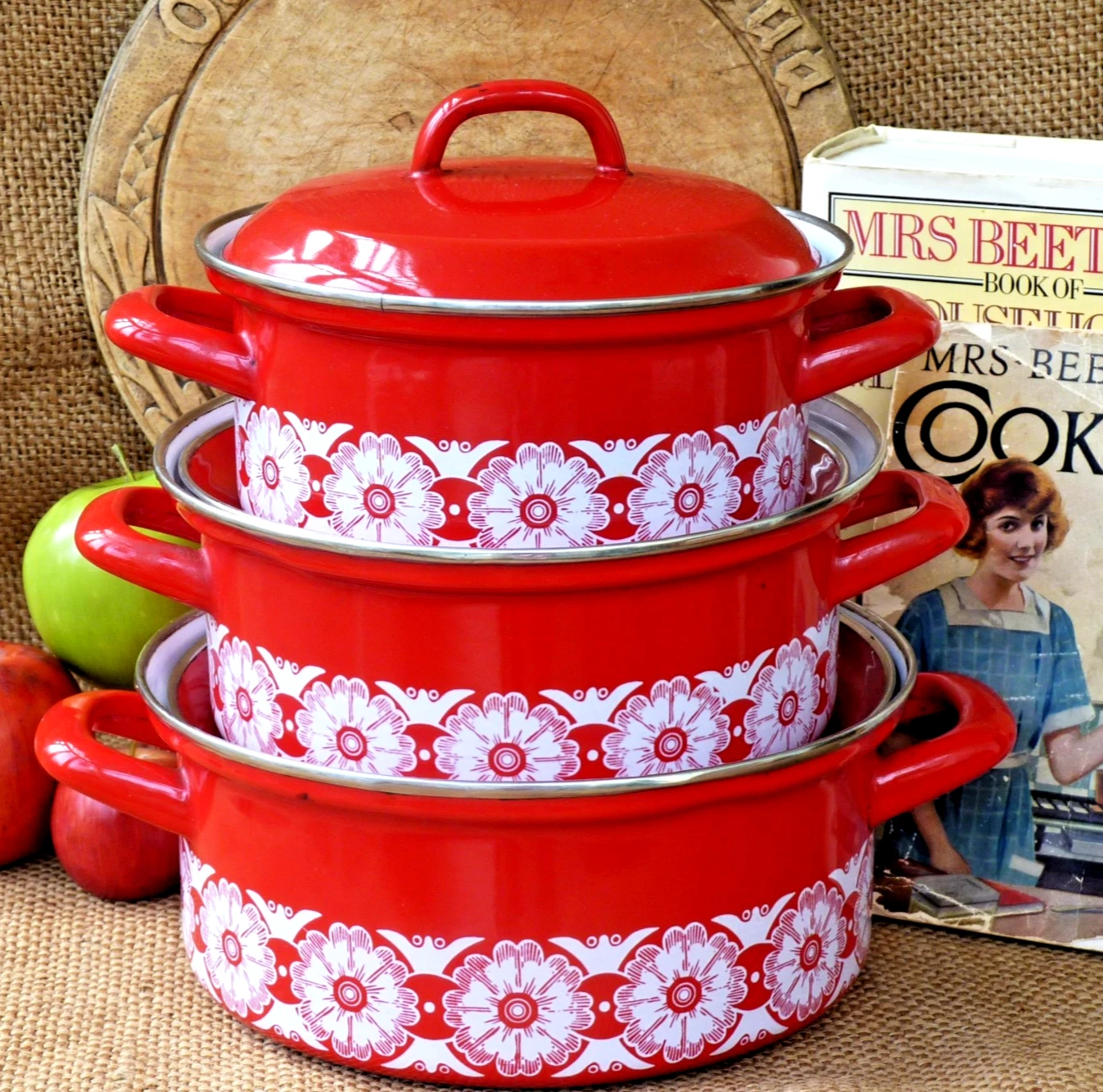 Enamel Saucepans & lids Stock pot stack 1970s West German HERMA Mid Century
