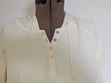 Moda International Women Henley Hoodie Size M Soft Yellow Waffle Knit Preppy