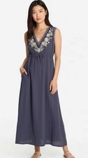 Johnny Was Amapola Gauze Maxi Dress Contrast Floral Embroidery Dusty Blue XL