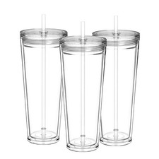24 oz Clear Tumblers with Lid and Straw, 3 Pack Plastic Tumblers, Reusable Do...